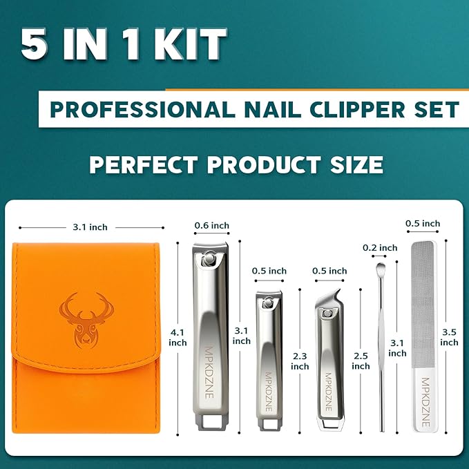 Nail Clippers Set for Men Women – 5-in-1 Stainless Steel Manicure Set and Nail Care Kit with Fingernail & Toenail Clippers, Portable Manicure Kit for Women, Travel Grooming Kit with Storage Bag