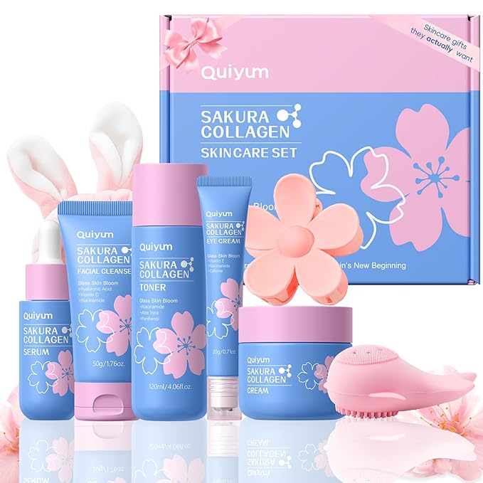 Sakura Collagen Skincare Set - 8-Piece Glass Skin Routine with Cleanser, Toner, Serum, Eye Cream, Moisturizer | Hydrating, Firming, Glowing for All Skin Types, Skin Care Gift Sets