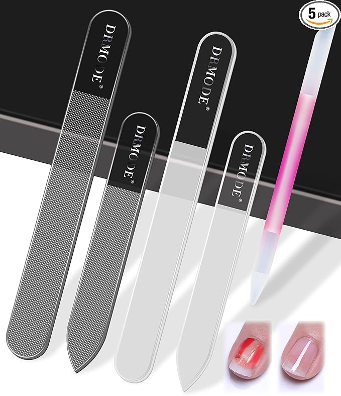 Glass Nail File Buffer with Case - 5PCS Nail Buffer and Nail Shiner Kit Glass Cuticle Pusher Nail Care for Men Women Nail Files for Natural Acrylic Nails Fingernail Files Manicure Tool