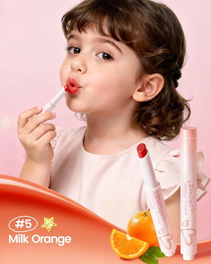 RUNBEN Kids Tinted Lip Balm, Milk Orange Lips Gloss, 24H Moisturizing, Safe & Non-toxic Lipstick for Kids & Teen, Christmas Makeup Gift for Girls, 2g