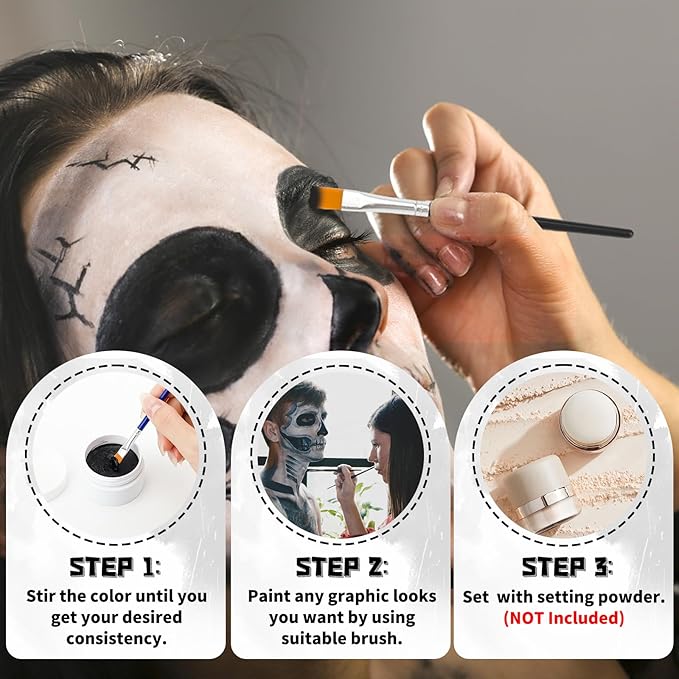 TonJin Black + White Face Body Paint Set 3.5oz/100g, Non-Toxic Professional Facepaint Makeup Kit with 2 Brushes for Art Theater Halloween Party Cosplay Clown Corpse Goth SFX Makeup