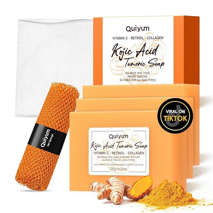 Kojic Acid Turmeric Soap, Dark Spot Remover for Face, Facial Skin Care Products, Even Skin Tone, Moisturizing & Nourishing, 3 Pack+ African Net Sponge, Christmas Gift Stocking Stuffers
