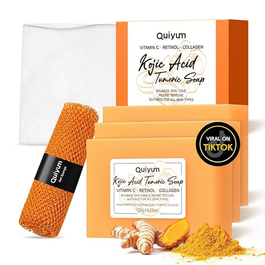 Kojic Acid Turmeric Soap, Dark Spot Remover for Face, Facial Skin Care Products, Even Skin Tone, Moisturizing & Nourishing, 3 Pack+ African Net Sponge, Christmas Gift Stocking Stuffers