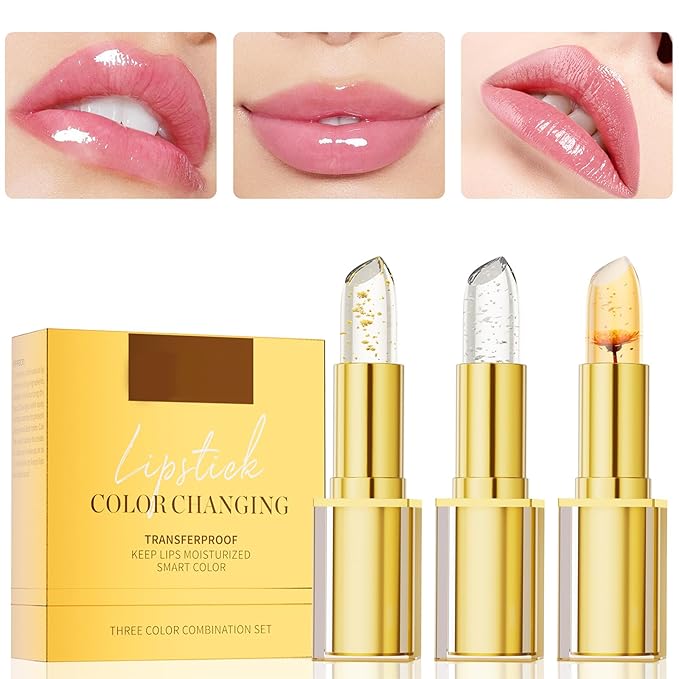 3PCS Color Changing Lipstick, Transferproof Gold Crystal Ph Lipstick Color Changing, Clear Lip stick That Changes Color, Long Lasting 24 Hours Moisturizing, Moisturizing Glossy Shine Lip Gloss