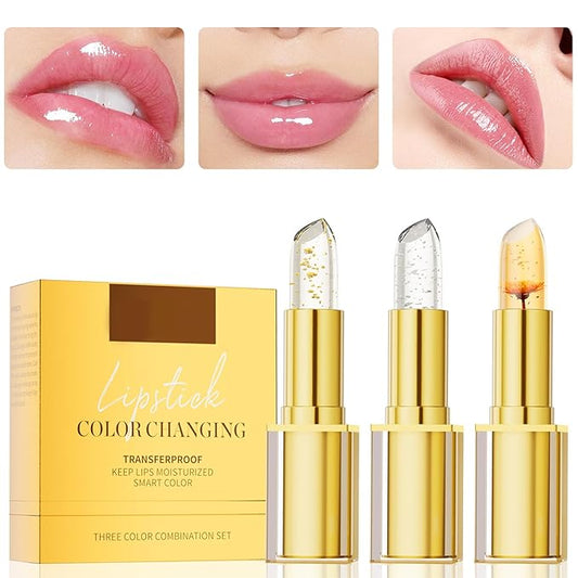 3PCS Color Changing Lipstick, Transferproof Gold Crystal Ph Lipstick Color Changing, Clear Lip stick That Changes Color, Long Lasting 24 Hours Moisturizing, Moisturizing Glossy Shine Lip Gloss