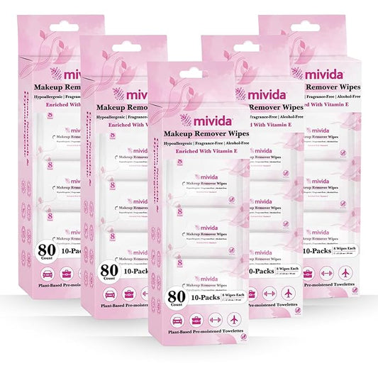 mivida Hypoallergenic Mini Pack Makeup Remover Wipes Bulk with Vitamin E, Alcohol Free, Fragrance Free Makeup Wipes for Sensitive Skin, Travel Size - 5 Bags of 10 Packs (400 Total Count)