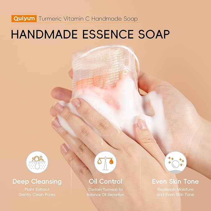 Natural Turmeric Soap Bar for Dark Spot- Vitamin C Dark Spot Remover for Face, Facial Skin Care Products, Even Skin Tone, 3 Pack with African Net Sponge (3.53 Oz/Pcs), Christmas Gift Stocking Stuffers