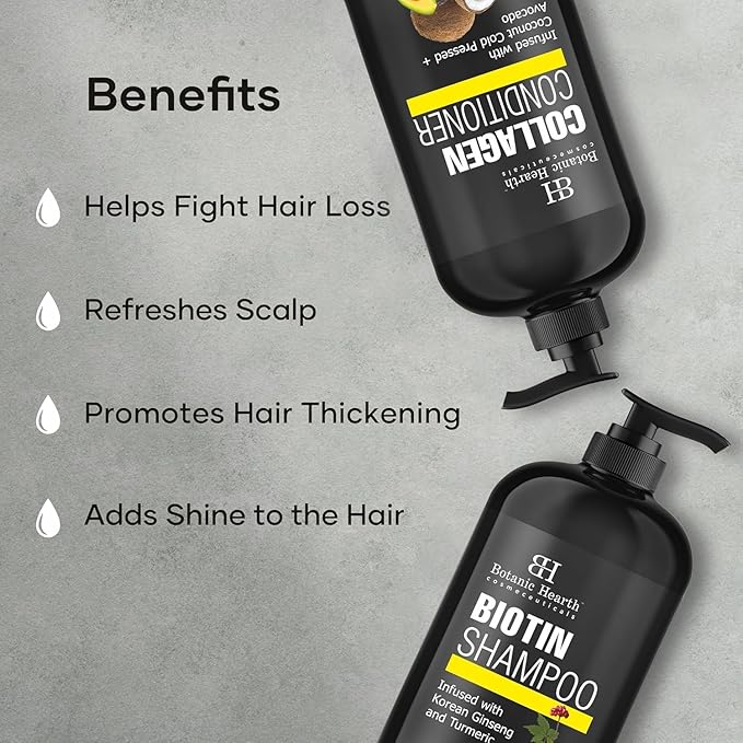 Botanic Hearth Biotin Shampoo and Conditioner with Collagen | Fights Hair Loss & with Korean Ginseng & Turmeric, Conditioner Promotes Hair with Avocado and Coconut | 16 fl oz x 2