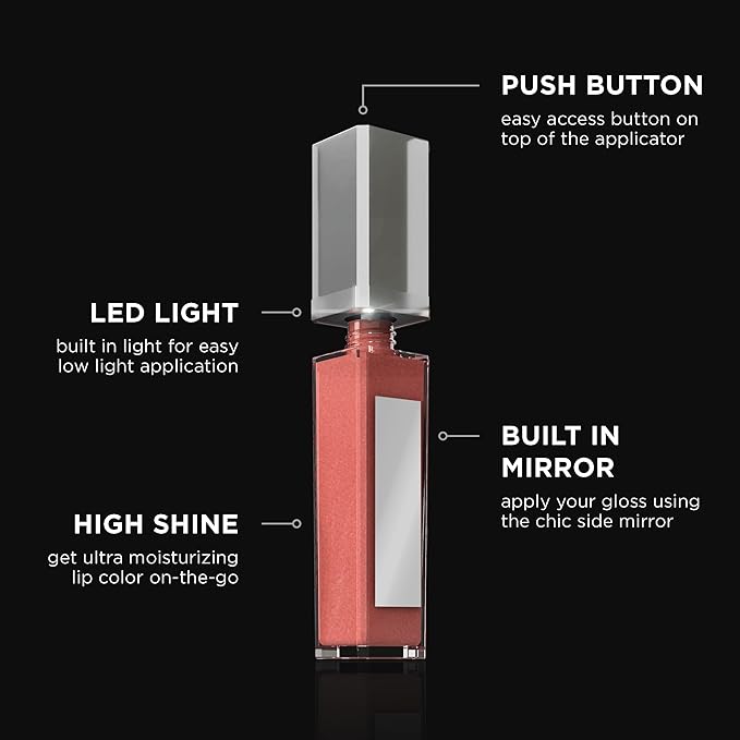 Pure Illumination Light-Up Lip Gloss with LED-Lit Applicator Brush + Side Mirror, Non-Sticky, Moisturizing Hydrating Lip Glosses with Lanolin, Jojoba Oil, & Vitamin E, In the Buff