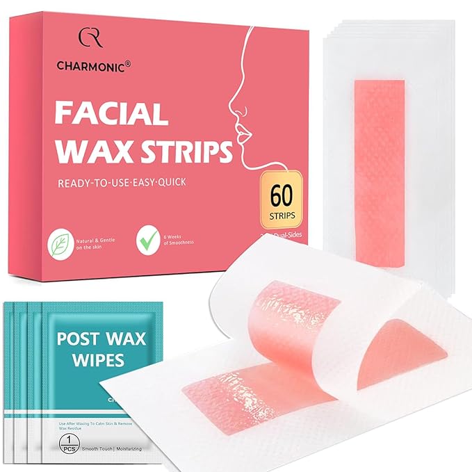 Facial Wax Strips 60 Pcs, Facial Hair Removal for Women, Waxing Strips for Face Eyebrow Upper Lip Cheek Hair Remover, Quick & Painless At Home Waxing Kit for All Skin Types with 6 Pcs Wax Wipes (Pink)