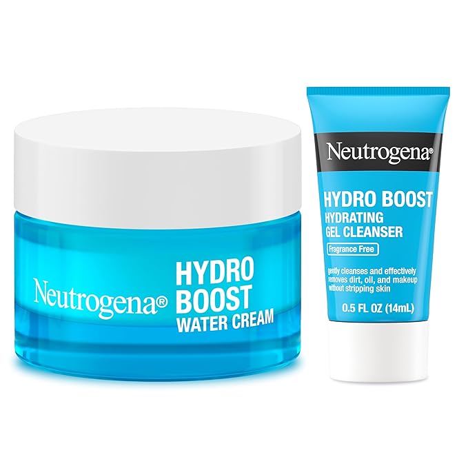 Neutrogena Hydro Boost Skincare Set, Hydro Boost Water Cream Face Moisturizer for 72-Hour Hydration, 1.7 Fl Oz, & Hydro Boost Hydrating Gel Facial Cleanser Trial Size, 0.5 Fl Oz, 2 Pack, Clear