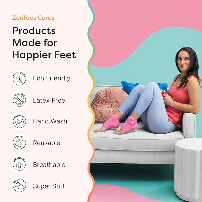 ZenToes Moisturizing Socks for Cracked Heel Treatment, Vitamin E, Olive Oil and Jojoba Oil Infused Heel Socks, Galentines Day Gifts, Self Care Gifts for Women (Pink with White Heart, Regular)