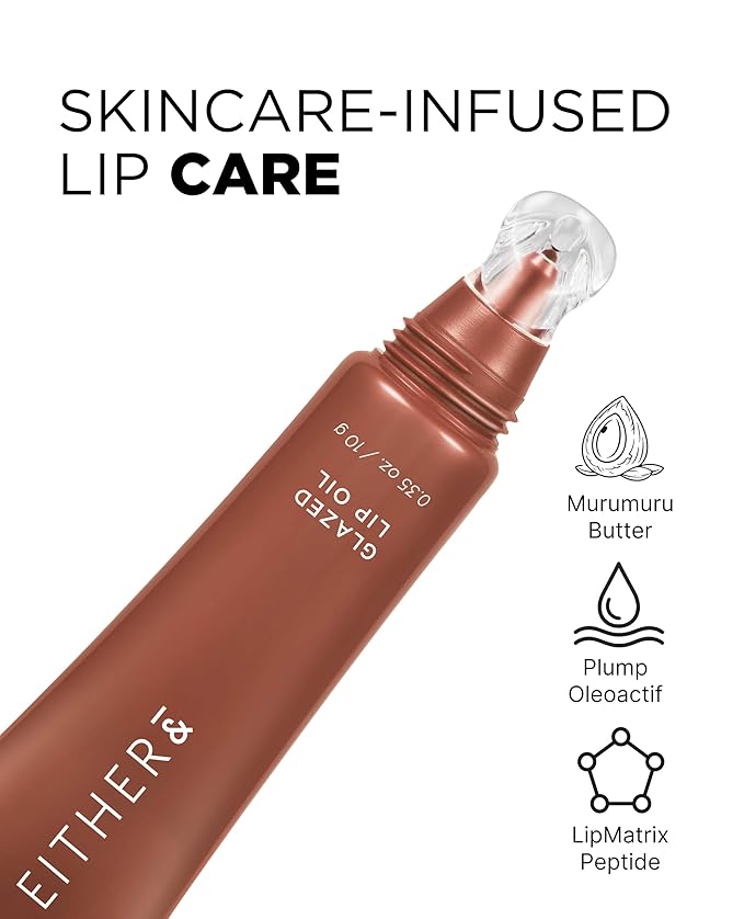 EITHER& Glazed Lip Oil – Non-Sticky Tinted Lip Balm with Peptides for Hydration & Glossy Finish, High-Gloss Moisturizing Lip Care for Dry Lips, 01 Lucent (10g)