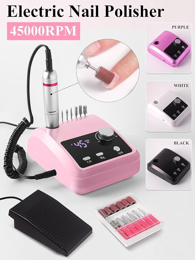 ANRLO Professional Electric Nail Drill, 45000 RPM Cordless Rechargeable E-File Machine, with 12 Bits, Sanding Bands, LCD Display for Acrylic Gel Nails (DMJ-204-Pink-US)