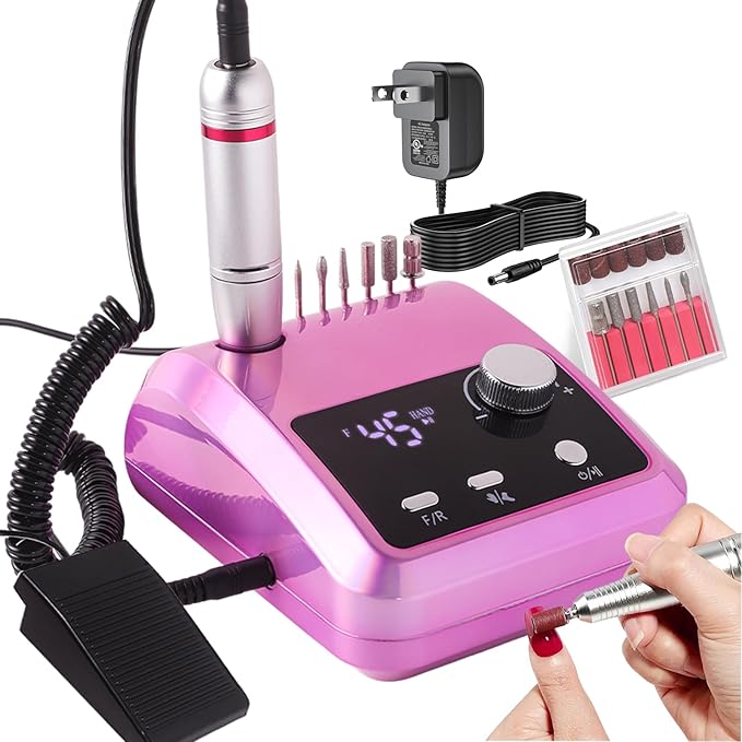 ANRLO Professional Electric Nail Drill, 45000 RPM Cordless Rechargeable E-File Machine, with 12 Bits, Sanding Bands, LCD Display for Acrylic Gel Nails (DMJ-204-Purple-US)