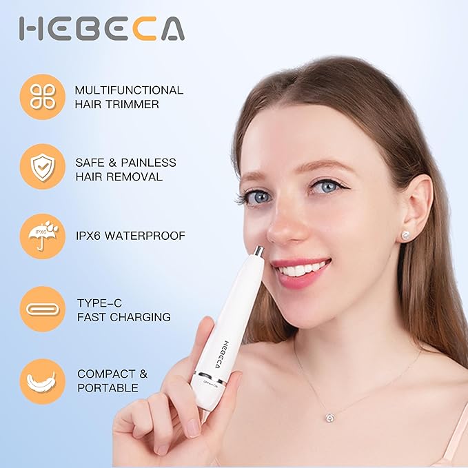 HEBECA Nose Hair Trimmer for Women Men - Electric Ear and Nose Hair Trimmer - 2 in 1 Facial Hair Remover Portable for Painless Face Eyebrow Trimmering Waterproof (Pearl White 2in1)