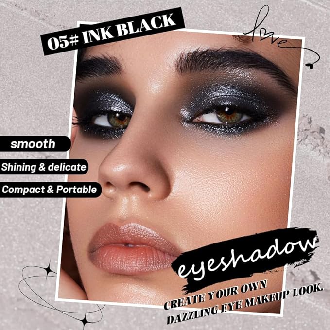 Sparkly Eyeshadow Palette for Women, Single Monochrome Eye Shadow Makeup, Shiny Pressed Cream Powder, Blendable Natural sombras para ojos, Holographic,Vegan,Travel (05-Glitter-Ink Black)