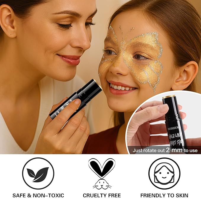 BOBISUKA Metallic Gold Face & Body Paint Stick Water-Based Washable Face Paint Makeup Stick for Halloween Skeleton, Skull, Robot, Goth, Fox,, Cosplay, SFX, Sports Eye Black & Costume Party