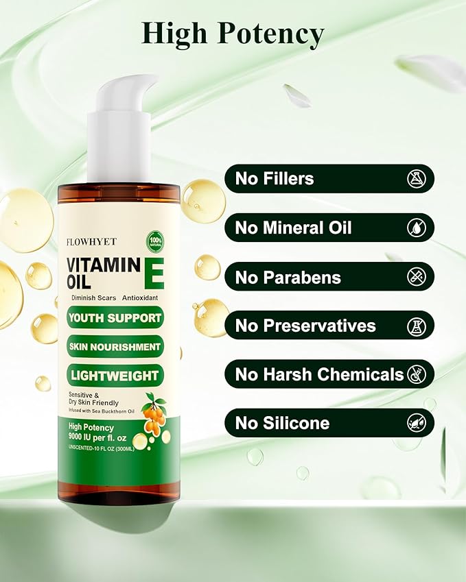 FLOWHYET 16 Floz Pure Vitamin E Oil For Scars, Organic vit e Nail Oil for Face, Skin, Body and Hair, Nourish Dry Skin, Maintain Youthful, Antioxidant, Fade Scars LIGHTWEIGHT - 500ml