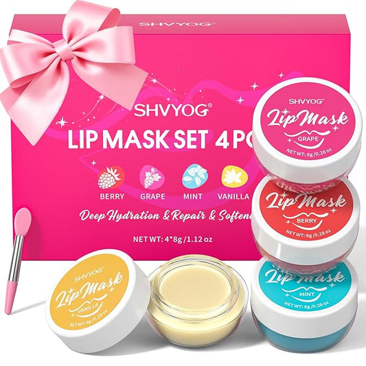 4 Pack Lip Mask Set, Hydrating Lip Mask Overnight - Berry, Grape, Mint, Vanilla Flavors, Lip Sleeping Mask Nourish Lip Balm with Vitamin C & Shea Butter | Dry Lips Care Gift