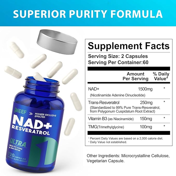 Nicotinamide Adenine Dinucleotide Supplement 1500mg with Resveratrol, 120 Capsules NMN Alternative for Cellular Energy, Anti-Aging & Antioxidant Support, Vegan & Non-GMO Formula