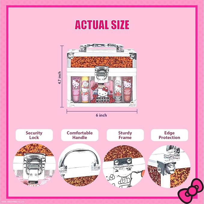 Hello Kitty Beauty Mini Train Case Set Includes Lip Gloss Tube, Lip Balm, Lip Gloss Compact for Girls Party, Sleepovers by Townley Girl