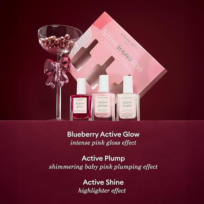 Manucurist Active Icons Trio Set - Active Glow Blueberry, Active Shine, Active Plump Nail Polishes - Nail Strengthener - Brightening Treatment Polish & Care - Valentines Day Gifts for Her