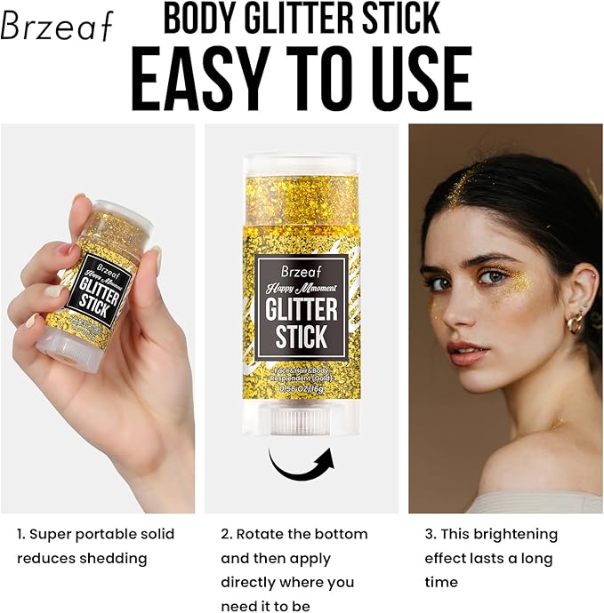 Brzeaf Waterproof Gold Glitter Stick,Christmas Face Glitter Makeup, Shimmery & Long Lasting, Chunky Glitter for Face/Body/Hair/Eyes/Lip, Singer Concert Music Rave Festival