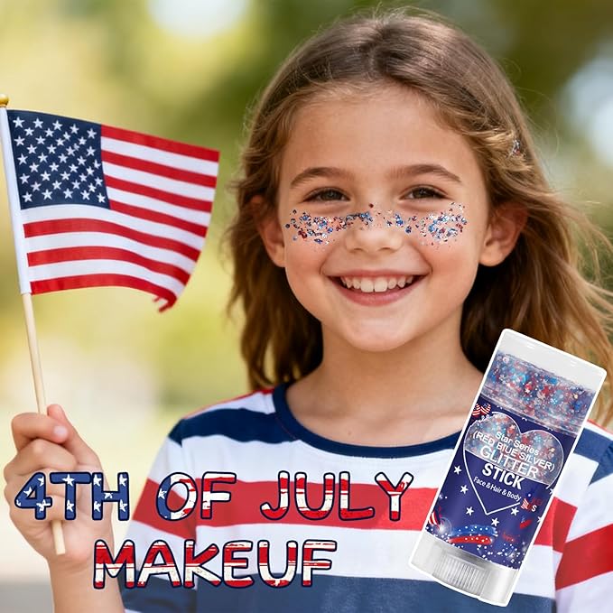 Patriotic Body Glitter Stick, Waterproof Face Glitter Gel, Chunky Glitter Face Paint, 4th of July Red White Blue Sequin Hair Glitter Makeup for American Pride USA Flag Makeup for Independence Day