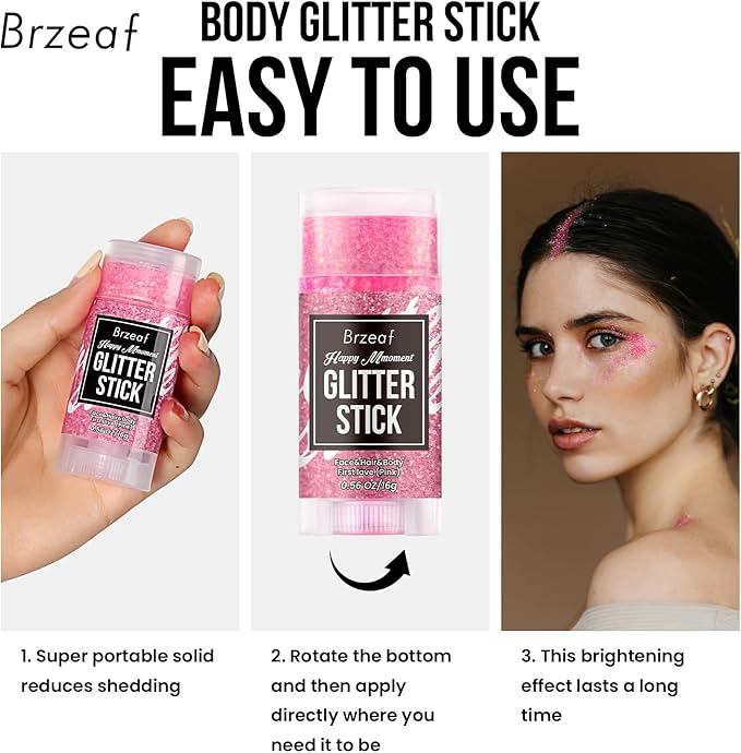 Brzeaf Christmas Pink Glitter Makeup, Not Greasy & Long Lasting, Chunky Glitter for Face/Body/Hair/Eyes/Lip, Singer Concert Music Rave Festival, Glitter Stick Makeup & Face Glitter Gel for Women Men
