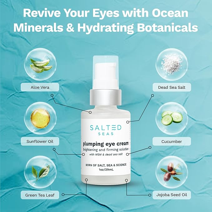 Plumping Eye Cream – Made in USA - Hydrating, Firming, Brightening Under Eye Treatment for Dark Circles, Puffiness & Fine Lines – Anti-Aging Skincare with Ocean Minerals & Hyaluronic Acid