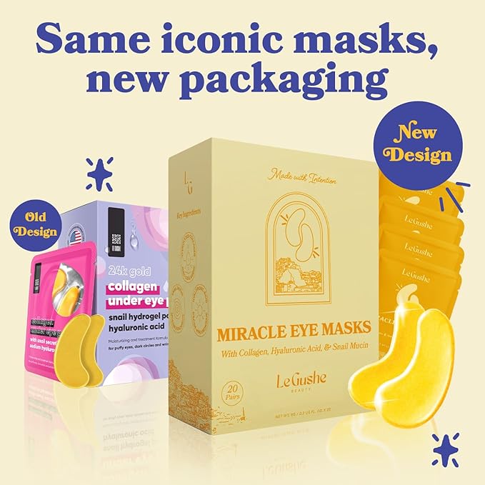 LE GUSHE Gold Under Eye Patches for Puffy Eyes and Dark Circles (20 Pairs) - Hydrating Collagen Under Eye Masks with Snail Mucin - Soothing Puffy Eyes Treatment for Women & Men - Bridesmaid Gifts