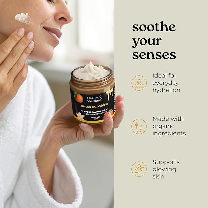 Healing Solutions - Whipped Tallow Balm, Mango, Orange, Vanilla Scent, Grass Fed/Grass Finished Beef Tallow, Organic Jojoba & Manuka Honey for Skin, Face & Body, All Natural Moisturizer, Made in USA
