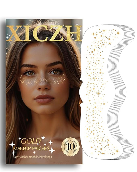 Face Glitter, Gold Temporary Face Tattoos Stickers, Body Face Glitter for Women Girls, Country Concerts Singer Festival Rave Accessories (Gold - 10 pcs)