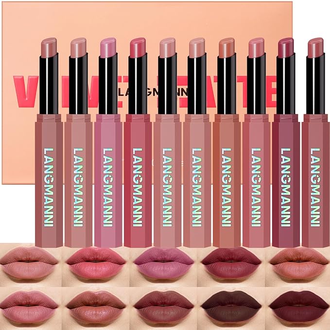 Jolilab 10Pcs Velvet Matte Lipstick Nude Matte Soft Dark Color Stick High Pigmented Long-Lasting Waterproof Lip Stick Lip Balm Beauty Cosmetics Gift for Women(Curated 10-Shade Set)