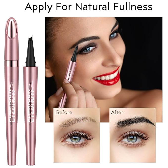 2Pcs Microblading Eyebrow Pen, Long-Lasting Waterproof Eyebrow Pencil with 4-Fork-Tip for 3D Realistic Brow, Easily Create Natural Hair-Like Brow Last All-Day, Eye Brow Pencils for Women -Black