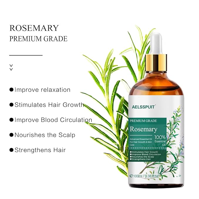 GOSNLDOW Rosemary Essential Oil for Hair Growth & Scalp Care - 3.38 Fl Oz (100ml) 100% Pure Organic Cold Pressed Oil in Glass Bottle - Aromatherapy Diffuser, Skin & Nail Treatment(Large, Rosemary)
