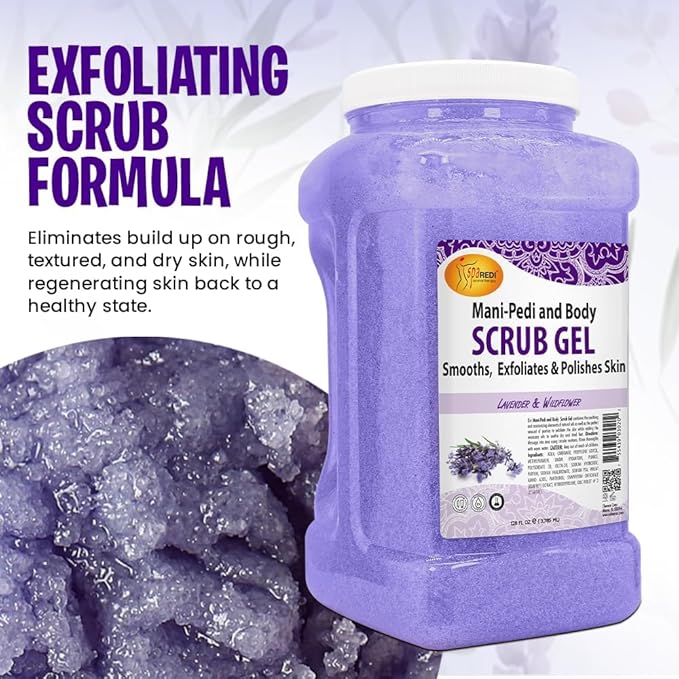 SPA REDI - Exfoliating Scrub Pumice Gel, Lavender and Wildflower, 128 Oz - Manicure, Pedicure and Body Exfoliator Infused with Hyaluronic Acid, Amino Acids, Panthenol and Comfrey Extract