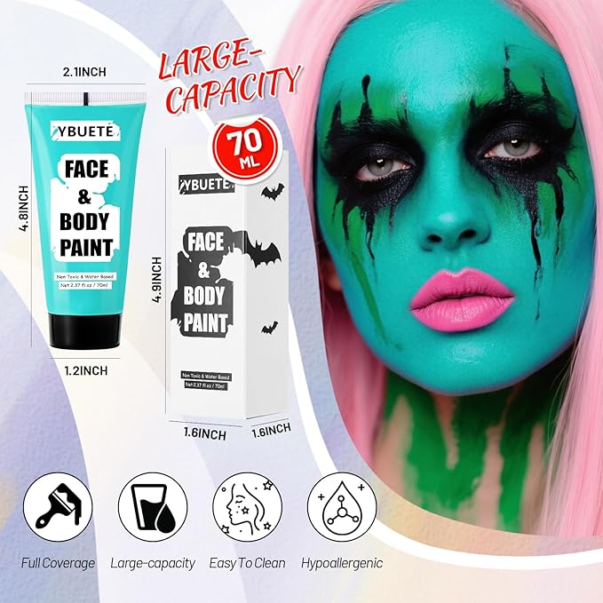 Teal Water Based Face Body Paint, 2.37 OZ Large Tube Full Coverage Face Paint for Avatar Corpse Bride Cosplay Makeup,Washable Teal Body Painting for Adult Costume Party Halloween SFX Makeup