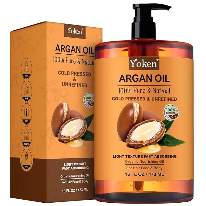 Yoken Pure Argan Oil 16 fl oz 100% Natural Cold Pressed Argan Oil for Hair Face Skin Scalp Body Care, Origin from Morocco, Unrefined Fast Nourishing Hair Oil Skin Moisturizer Carrier Oil