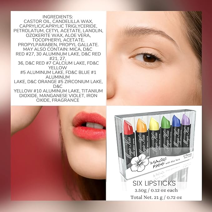 Pack of 6 Magic Kiss Color Changing Matte Lipstick set, Long Lasting Nutritious Lips Moisturizer Magic Temperature Color Change Lip Balm with Aloe Vera PH Lipstick MADE IN USA (Rainbow 6 Pack)