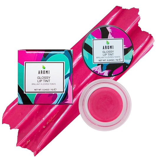 Aromi Glossy Lip Tint in Pot – Hydrating Lip Gloss Color, Sheer, Bright Pink Magenta Shade, Vegan & Cruelty-free, Moisturizing, Non-Sticky Formula (Pink Tulip)