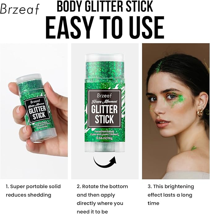 Brzeaf Waterproof Christmas Green Glitter Stick, Chunky Glitter for Face/Body/Hair/Eyes/Lip, Singer Concert Music Rave Festival, Glitter Stick Makeup & Face Glitter Gel for Women Men 0.56 OZ