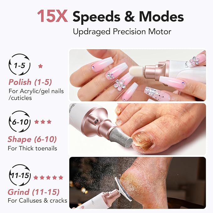 Litbear Electric Nail Drill File Set, 15 Speed Professional Nail Grinder for Thick Toenails, Cordless Pedicure Manicure Tool Callus Remover for Women Men Senior Hand Feet Care, Home Salon Use (White)