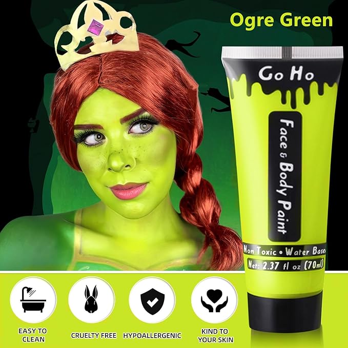 Go Ho Ogre Green Face Body Paint Washable(2.37oz/pc),Water Based Cream Ogre Green Face Paint and Body Paint,Halloween Costumes Festivals Cosplay SFX Makeup