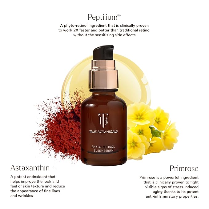 True Botanicals Phyto Retinol Sleep Serum | Nightly Anti-Aging Serum | Retinol Alternative | Targets & Reduces Fine Lines & Wrinkles | Dermatologist Tested, All Natural, Vegan | 1 fl oz | 30 ml