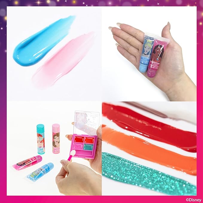 Disney Princess Beauty Mini Train Case Set Includes Lip Gloss Tube, Lip Balm, Lip Gloss Compact for Girls Party, Sleepovers by Townley Girl