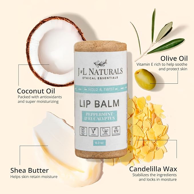 J&L Naturals Sustainable Lip Balm | Organic Ingredients, 100% Natural, Eco-Friendly | Cruelty Free, Vegan, Paraben Free, Silicone Free (Peppermint & Eucalyptus, Single)