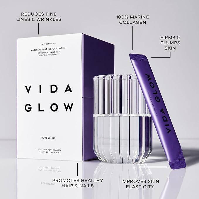 Vida Glow Marine Collagen Powder - Anti Aging Supplement with Collagen Peptides, Promotes Glowing Skin, Strong Nails, Healthy Hair | 30 Servings, Original Flavor (One Size, Blueberry)