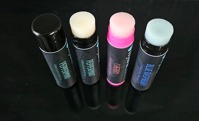 Vibrant Favorites Lip Balm 4-Pack | 7 Natural Ingredients | Beeswax Shea Butter | Moisturizing Lip Care for Dry Lips | Peppermint Cherry Blue Raspberry